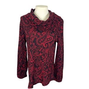 Soft Surroundings Size M Kendra Waffle Knit Top Red Black Paisley Cowl Neck